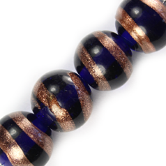 10mm Round Goldstripe Glass Bead - Cobalt Blue