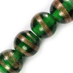 10mm Round Goldstripe Glass Bead - Emerald Green