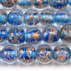 8mm Round Goldswirl Glass Bead - Light Blue Aqua
