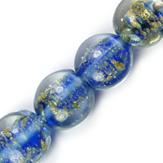 12mm Round Disc Goldswirl Glass Bead - Cobalt Blue