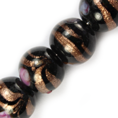 12mm Round Goldstripe Glass Bead -  Black