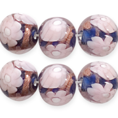 12mm Round Floral Glass Bead - Royal