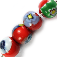 8mm Round Millefiori Glass Bead - Dk. Red