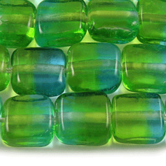 Beads, Glass, 10mm Flat Two-Tone Square, Peridot/Aqua