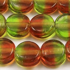 Beads, Glass, 5x10mm Flat Two-Tone Round, Olive/Topaz