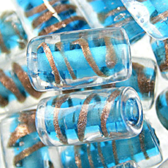 Beads, 15x10mm Tube, Copper Swirl, BLUE AQUA