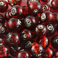 Bead, Lampwork Glass 8mm Round Silverfoil Transparent - Red, holesize 1.5mm