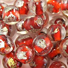 Bead, Lampwork Glass 8mm Round Half Foil Transparent - Red, holesize 1.5mm