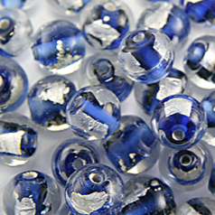 Bead, Lampwork Glass 8mm Round Half Foil Transparent - Cobalt, holesize 1.5mm