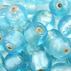Bead, Lampwork Glass 10mm Round Silverfoil Transparent - Turquoise, holesize 1.5mm