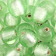 Bead, Lampwork Glass 10mm Round Silverfoil Transparent - Pale Green, holesize 1.5mm