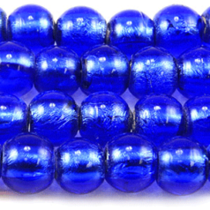 Bead, Lampwork Glass 8mm Round Silverfoil Transparent - Sapphire, holesize 1.5mm