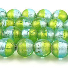 Beads, 10mm Round, Two-Tone Silverfoil, PERIDOT/AQUA