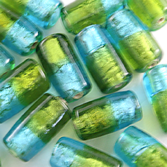 Beads, 15x10mm Tube, Two-Tone Silverfoil,  PERIDOT/AQUA