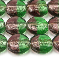 14mm Disc Two-Tone Silverfoil Glass Bead - Amethyst/Peridot