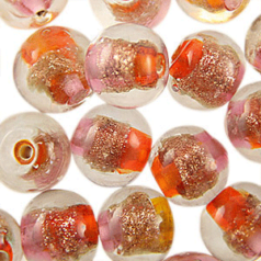 Beads, 10mm Round, 2-Tone Goldstripe, ORANGE/PINK