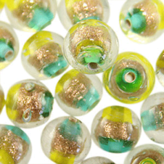 Beads, 10mm Round, 2-Tone Goldstripe, AQUA/YELLOW