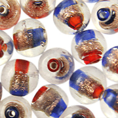 Beads, 10mm Round, 2-Tone Goldstripe, RED/BLUE