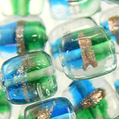 Beads, 10mm Square, 2-Tone Goldstripe, BLUE/GREEN