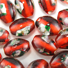 Beads, 11mm Glass Beads, Silverfoil, Oval  - DARK RED