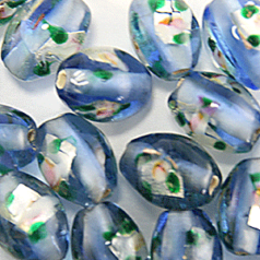 Beads, 11mm Glass Beads, Silverfoil, Oval  - SAPPHIRE