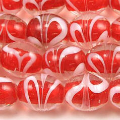 Beads, Glass Beads,  8X10mm Oval  White Swirl, RED