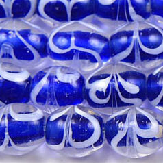 Beads, Glass Beads,  8X10mm Oval  White Swirl, COBALT BLUE