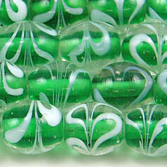 Beads, Glass Beads,  8X10mm Oval  White Swirl, LIGHT EMERALD