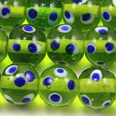Beads, Glass Beads,  10mm Round Dots,  GREEN/BLUE