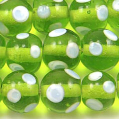 Beads, Glass Beads,  10mm Round Dots,  LIGHT GREEN/WHITE