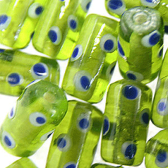 Beads, Glass Beads,  14x9mm Tube Dots, GREEN/BLUE