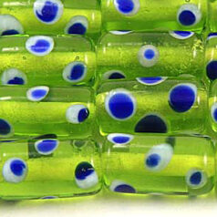 Beads, Glass Beads,  14x9mm Tube Dots, GREEN/BLUE
