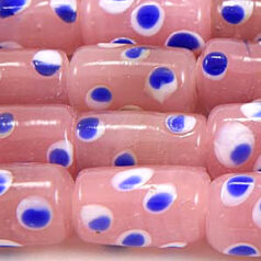 Beads, Glass Beads,  14x9mm Tube Dots, OPAL PINK/BLUE