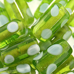 Beads, Glass Beads,  14x9mm Tube Dots, LIGHT GREEN/WHITE