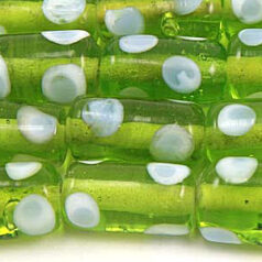 Beads, Glass Beads,  14x9mm Tube Dots, LIGHT GREEN/WHITE