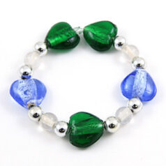 Beads, Glass Beads, 14mm Silverfoil Heart strung,  SAPPHIRE AND OLIVINE (hole size: 1.8mm)