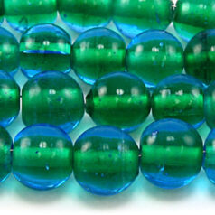 Beads, Glass Beads,  10mm Round Colourlined, AQUA/EMERALD