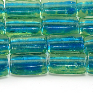 Beads, Glass Beads, 16x11x6 Flat Tube Colourlined, PERIDOT/BLUE