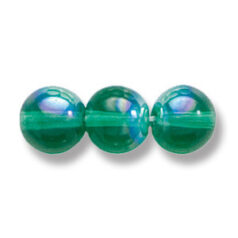 Bead, Preciosa Czech Druk Glass, 8mm Round Bead, Transparent Medium Emerald with AB coating (Hole Size 1.1mm)