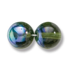 Bead, Preciosa Czech Druk Glass, 10mm Round Bead, Transparent Olive Green with AB coating (Hole Size 1.1mm)