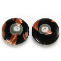 Bead, Preciosa Czech Pressed Glass, 18x8mm Puffy Disc with Goldstripe - Jet (Thickness 6.85mm, Hole Size 1.2mm)