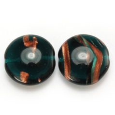 Bead, Preciosa Czech Pressed Glass, 18x8mm Puffy Disc with Goldstripe - Transparent Teal (Thickness 6.85mm, Hole Size 1.2mm)