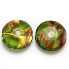 Bead, Preciosa Czech Pressed Glass, 18x8mm Puffy Disc with Goldstripe - Transparent Olivine (Thickness 6.85mm, Hole Size 1.2mm)