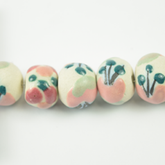 Bead, 12x9mm Round Porcelain Bead  - White/Pink/Turquoise (Hole size: 2.2mm)