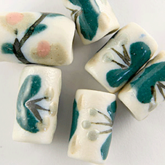 Bead, 15x8mm Porcelain Tube  - White/Teal (Hole size: 2.2mm)