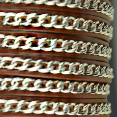 Flat Leather with Silver Chain raised on Center - Brown, 7x2.5mm