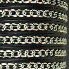 Flat Leather with Silver Chain raised on Center - Black, 7x2.5mm