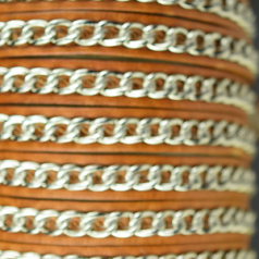 Flat Leather with Silver Chain raised on Center - Natural, 7x2.5mm