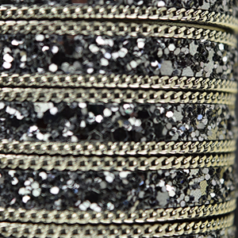 Flat Leather Cord with Silver Chain & Glitter Gunmetal Color, 10x2.5mm