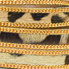 Licorice Flat Leather with Gold Chain and Fur - Leopoard Skin Effect, 10x2mm